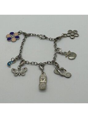 Vintage Silver Tone Charm Bracelet With Butterfly Flip Phone Moon Flower Charms